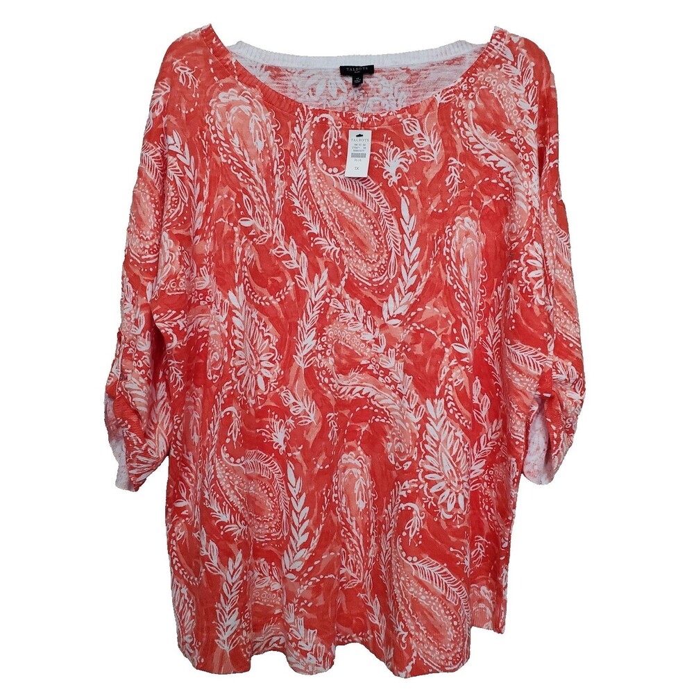 Talbots Plus Orange Paisley Roll-Tab Sleeve Cotton Pullover Sweater Size 1X NWT